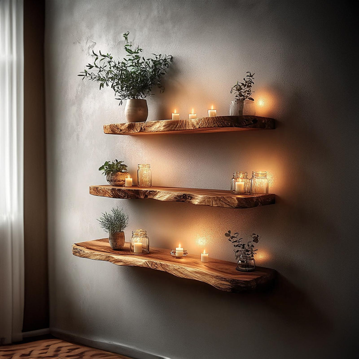 Rustic Live Edge Wood Corner Display Bookshelf, Wall Mounted Space-Saving Floating Organizer Shelf for Study, Living Room