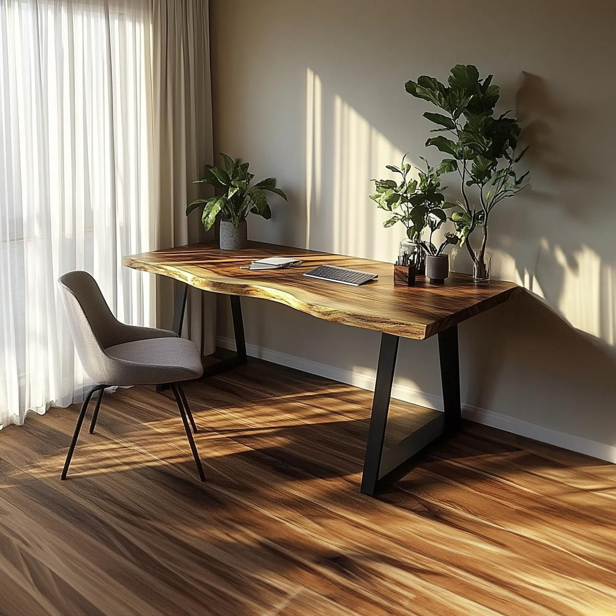 Natural Rustic Desk, Handcrafted Solid Wood Writing Computer Table for Bedroom Study, Work Corner Laptop Desk