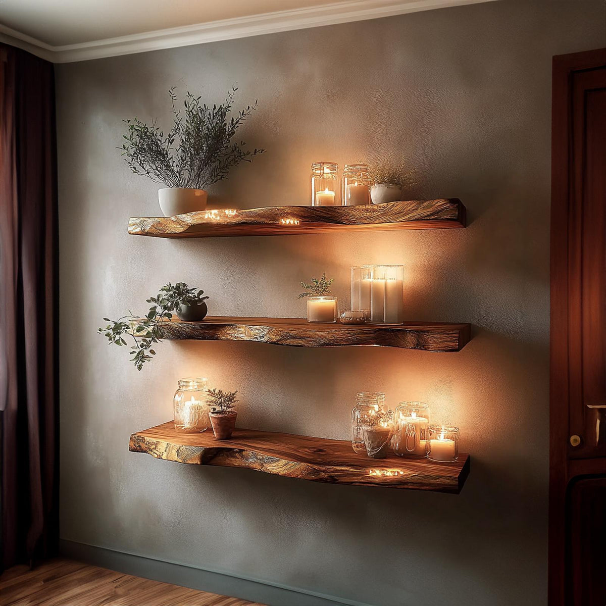 Rustic Live Edge Wood Corner Storage Shelf, Wall Mounted Space-Saving Floating Display Bookshelf for Living Room, Office