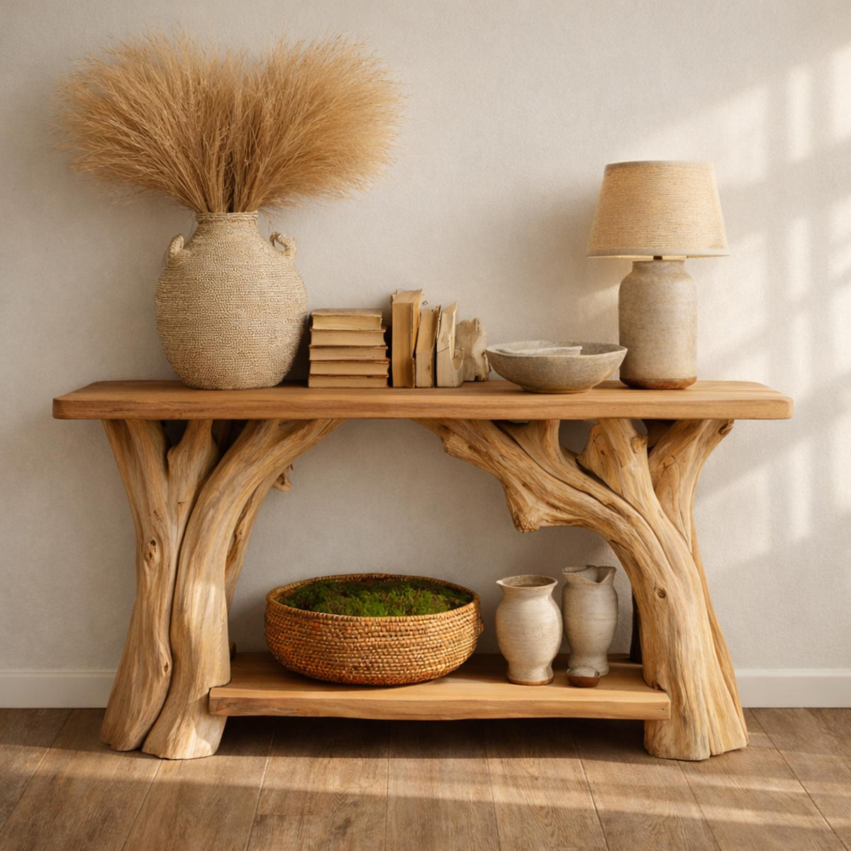 Spry Interior Organic Rustic Wood Console Table with Sculptural Tree Legs and Storage Bottom Shelf for Hallway Entryway, SINLKICS481