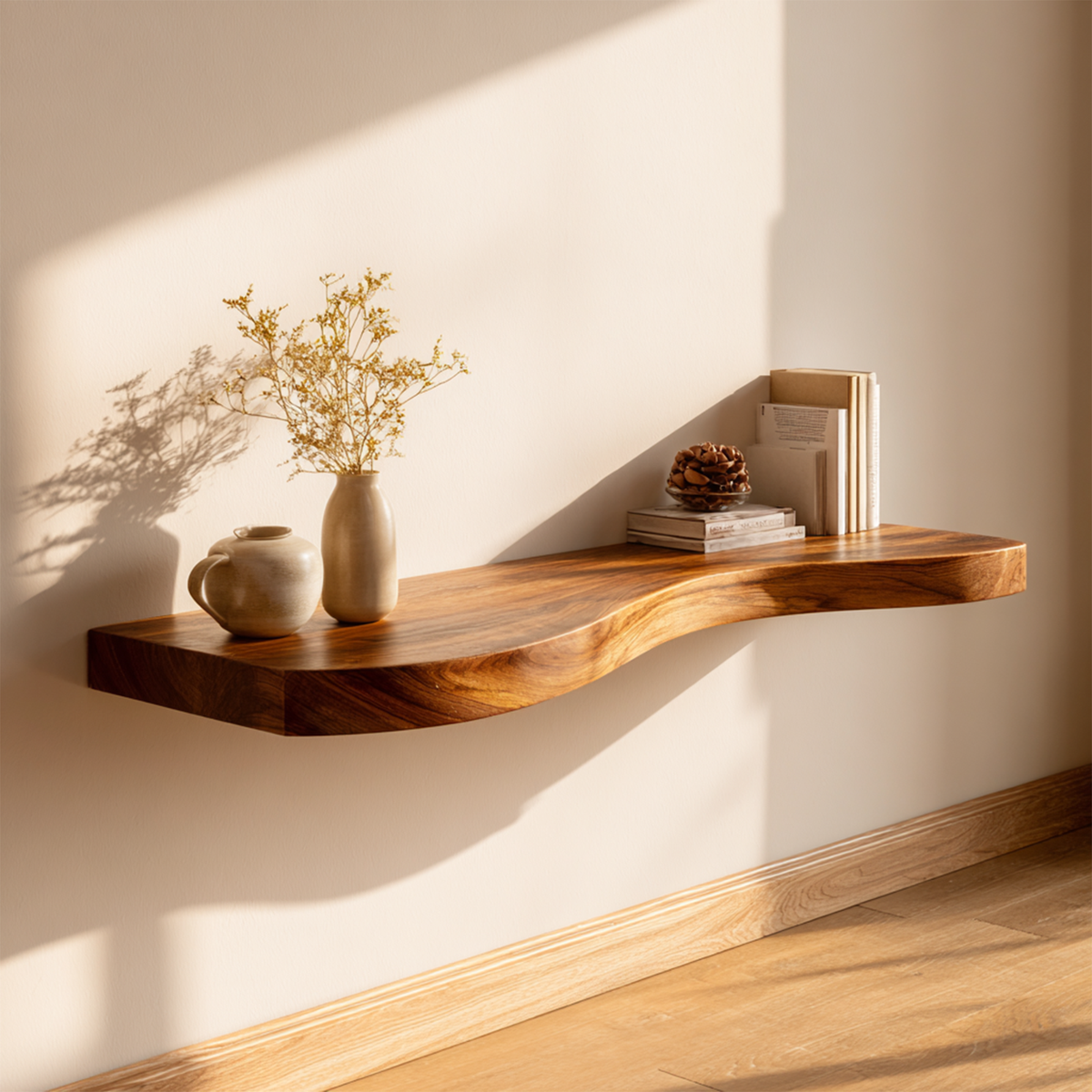 Rustic Solid Wood Floating Shelf, Minimalist Wall Mounted Display Ledge for Living Room, Bedroom & Bathroom Decor
