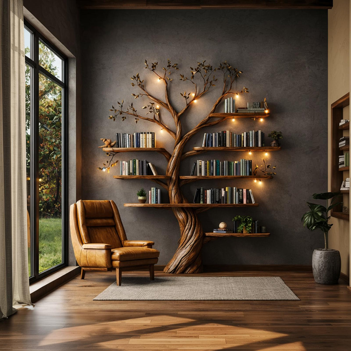 Rustic Nature-Inspired Tree Display Bookcase, Freestanding Wood Branch Organizer Shelf for Living Room Decor
