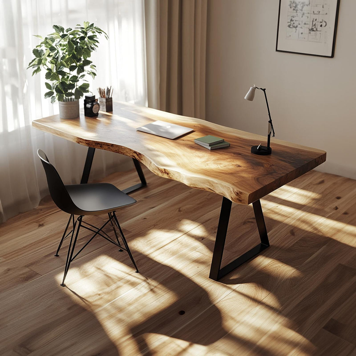 Rustic Live Edge Writing Desk, Solid Natural Wood Computer Table for Home Office, Study & Reading Room Workspace