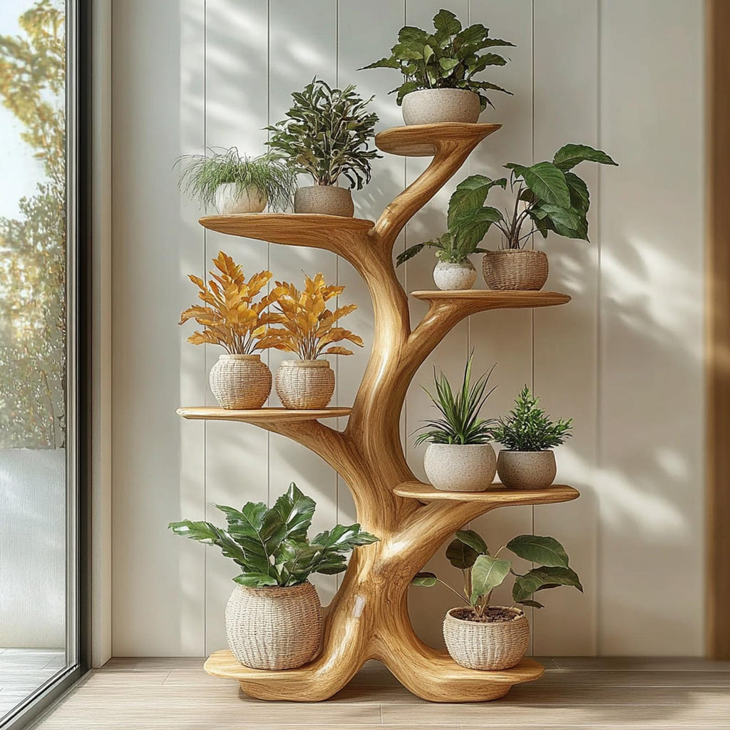 Rustic Tree Plant Shelf Organic Multi-Level Display Home Interior Decor