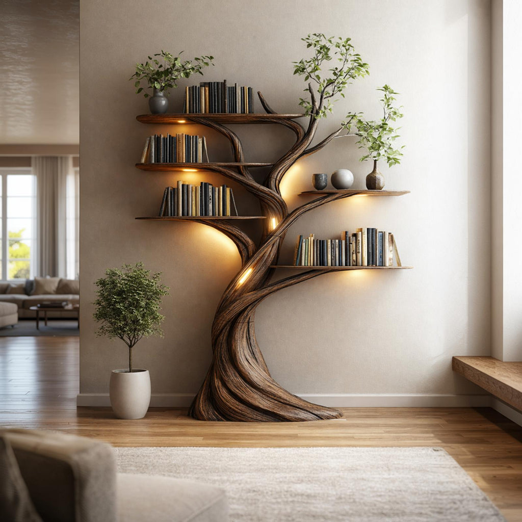 Rustic Tree Bookshelf Contemporary Living Room