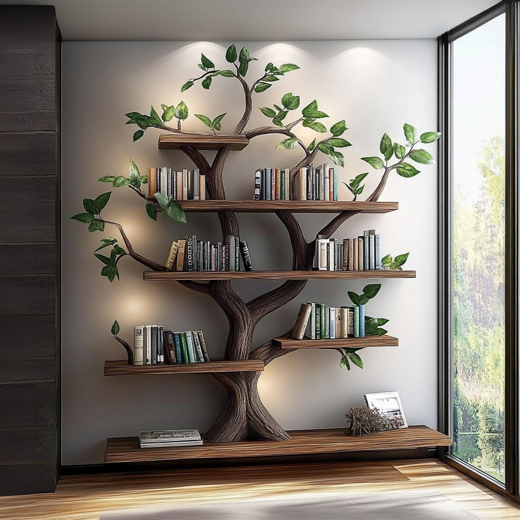 Rustic Organic Tree Bookshelf, Sculptural Solid Wood Branch Wall Display & Book Organizer for Living Room