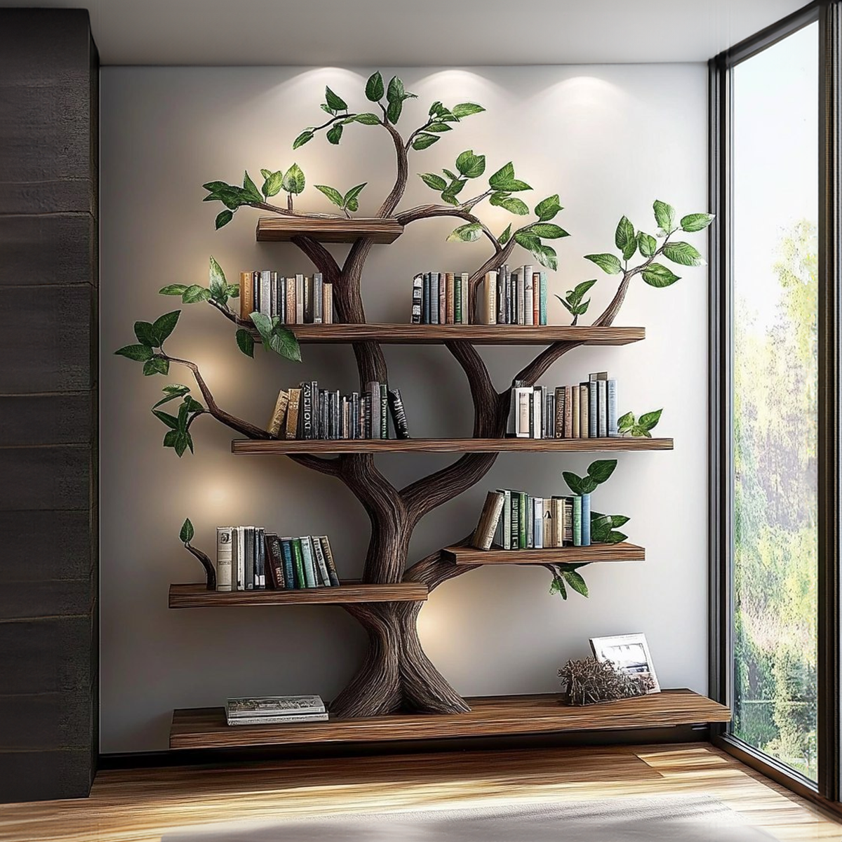Rustic Organic Tree Bookshelf, Sculptural Solid Wood Branch Wall Display & Book Organizer for Living Room