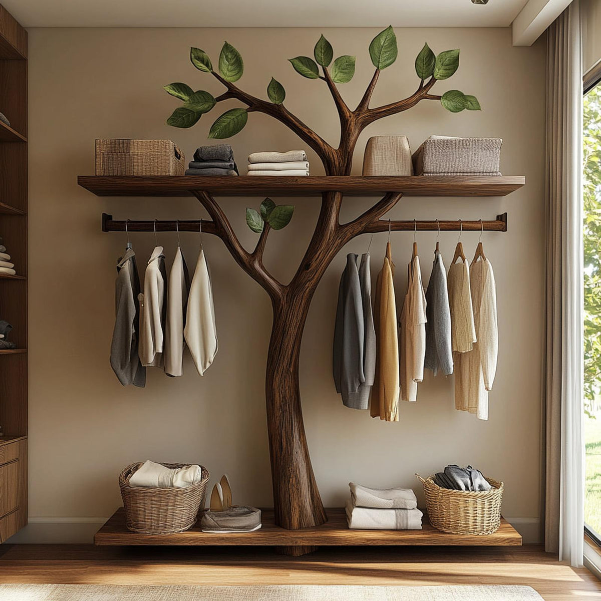 Minimalist Solid Wood Tree Wardrobe Rack Modern Look Bedroom