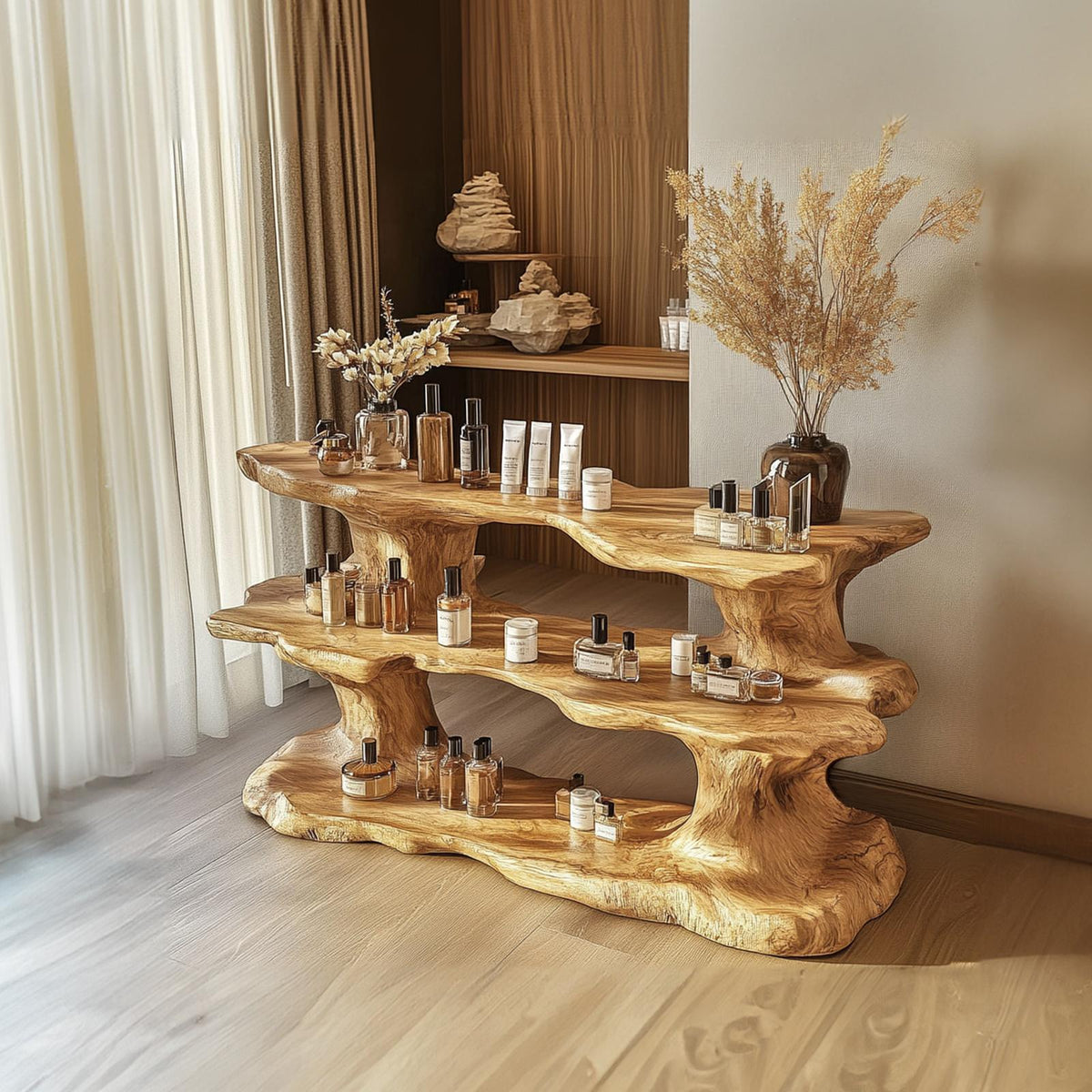 Rustic Organic Wood Display Shelf Living Room Or Spa