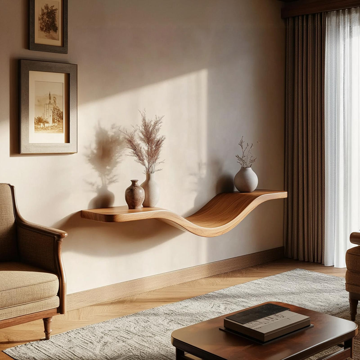 Sculptural Wavy Floating Shelf Wall Mounted Decor For Living Room