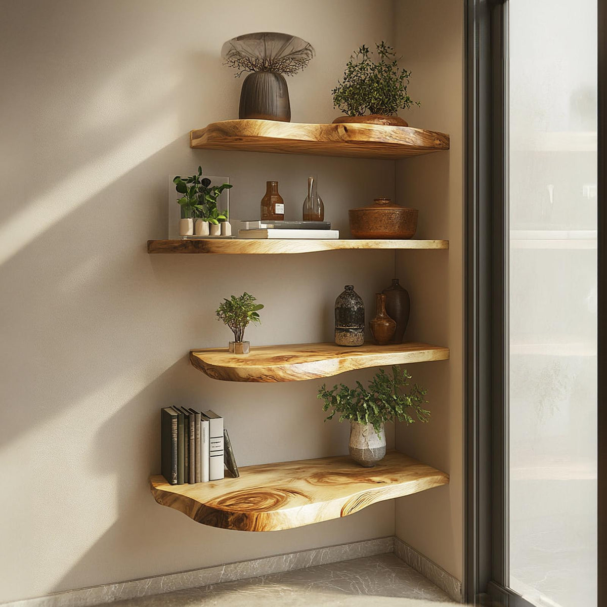 Rustic Live Edge Solid Wood Floating Display Shelf, Wall Mounted Decorative Organizer for Dining Room, Office, Living Room