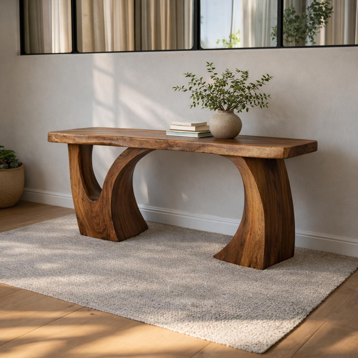 Spry Interior Sculptural Wood Console Table, Handcrafted Art Furniture Entryway Accent Shelf for Gallery Living Room Interior, SINLKICS466