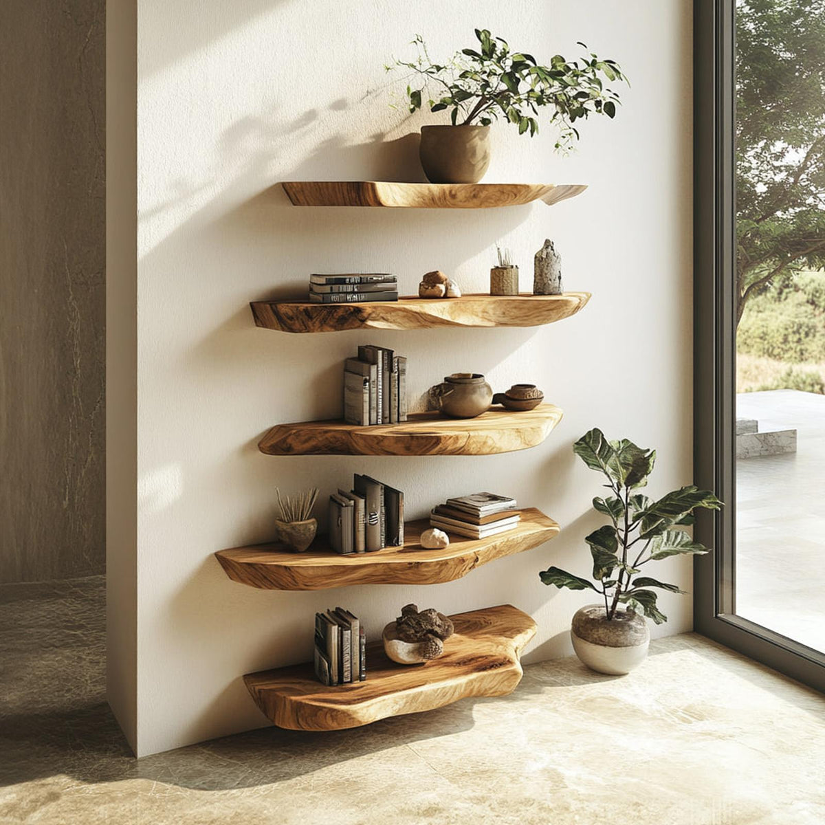 Rustic Live Edge Wood Floating Shelf, Wall Mounted Kitchen Spice Rack & Living Room Storage Organizer with Natural Edge
