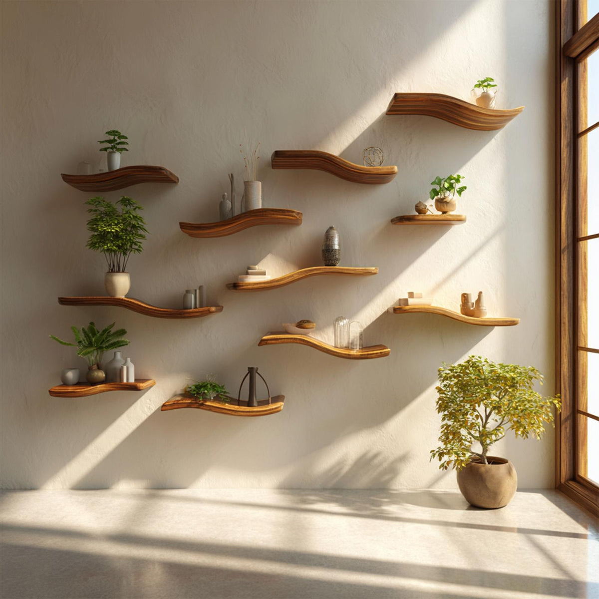 Modular Curved Solid Wood Wall Shelves Organic Display Interior Decor