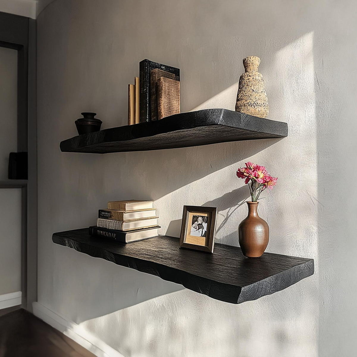 Rustic Modern Live Edge Floating Wood Shelf, Wall Mounted Decorative Storage Display for Living Room, Office or Bedroom