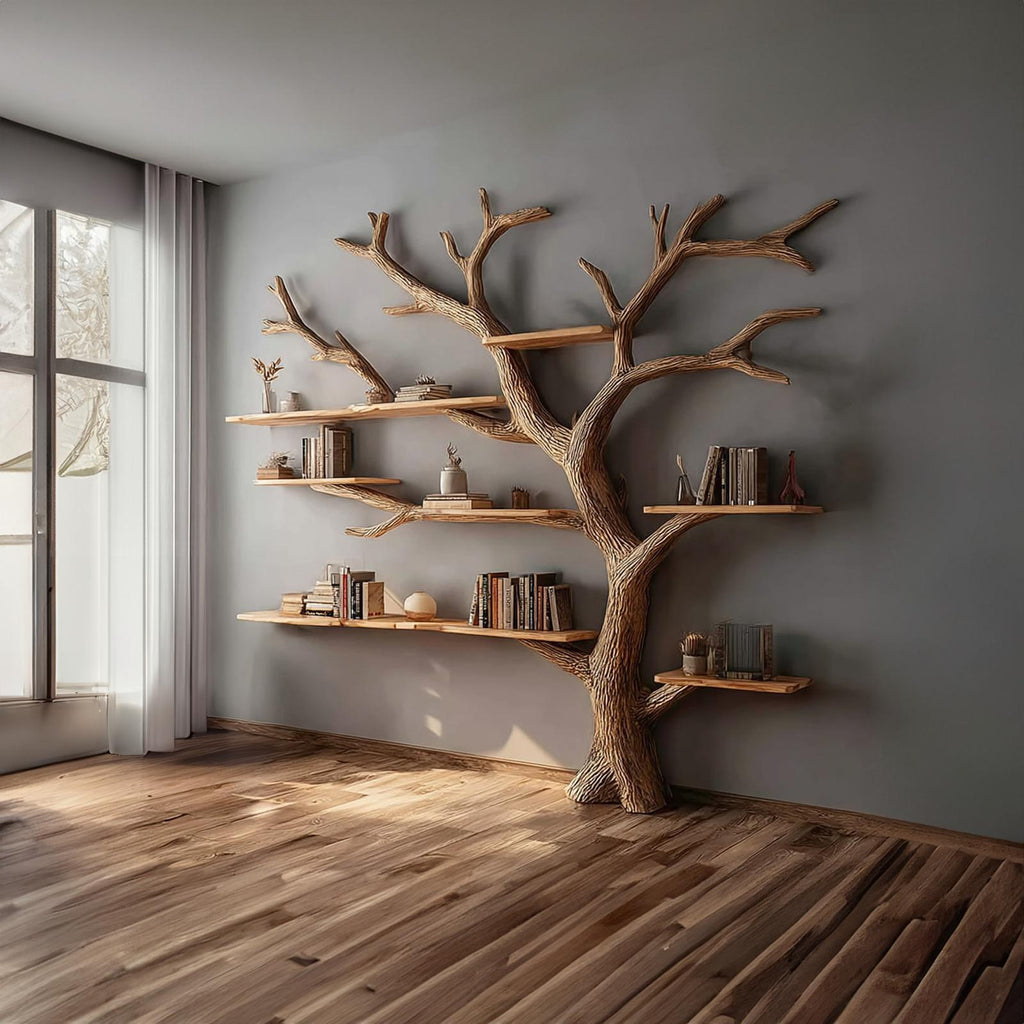 Rustic Artistic Tree Shelf, Solid Wood Wall Mounted Bookcase & Statement Wall Decor Organizer for Living Room & Study