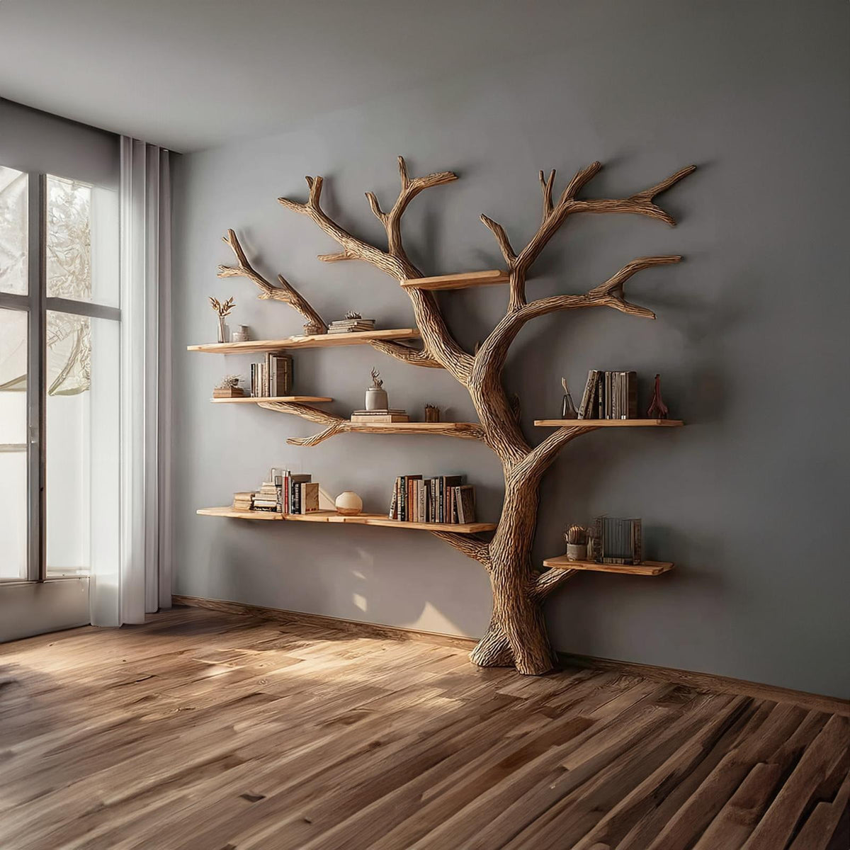 Rustic Artistic Tree Shelf, Solid Wood Wall Mounted Bookcase & Statement Wall Decor Organizer for Living Room & Study