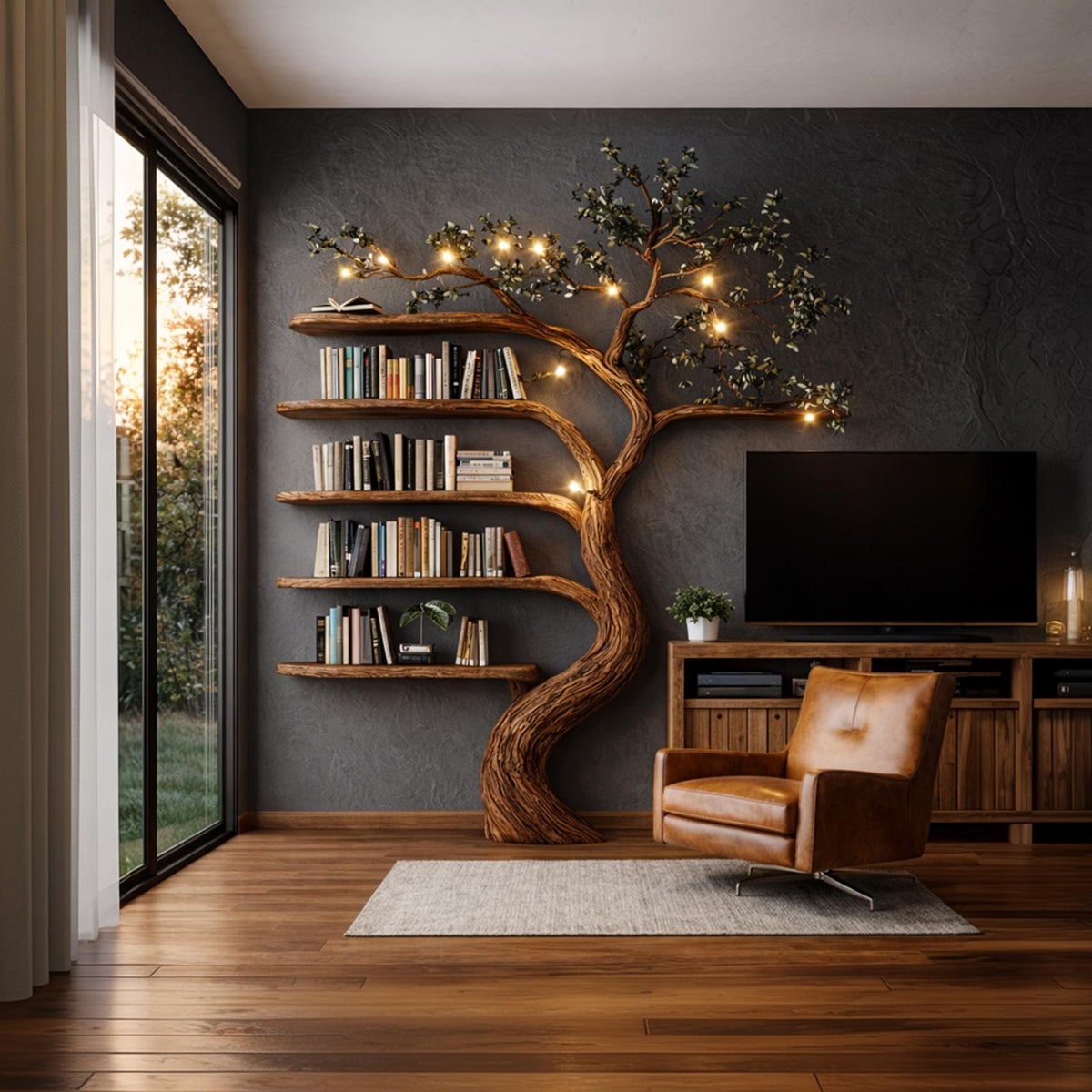 Rustic Hand Carved Tree Bookshelf Artistic Storage For Living Room