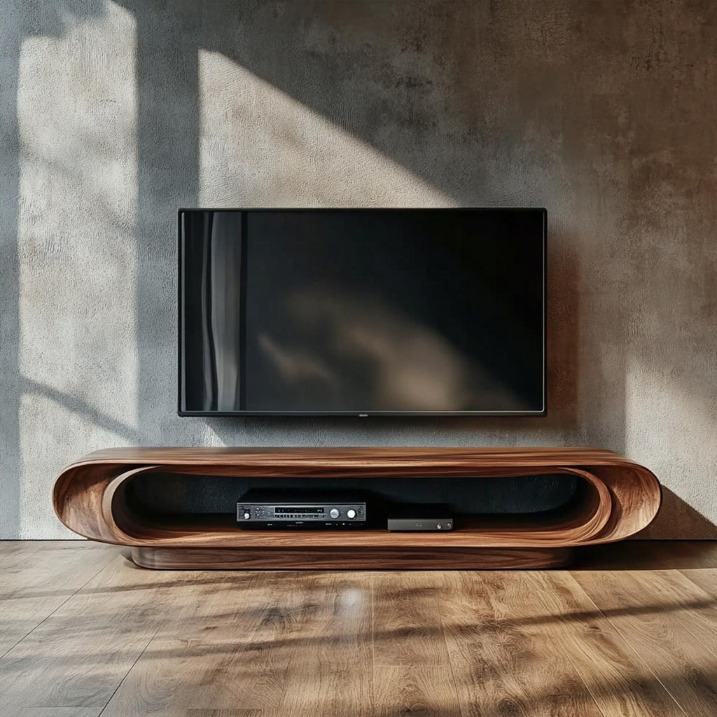 Modern Organic Curved TV Stand, Solid Wood Entertainment Unit Media Console for Living Room