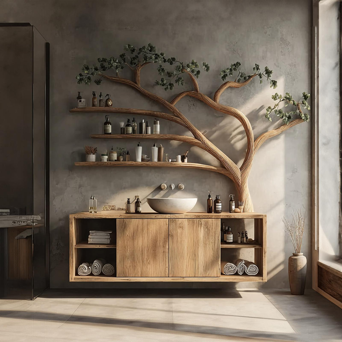 Rustic Organic Tree Branch Wall Mounted Vanity, Live Edge Wood Floating Bathroom Sink Stand, Model