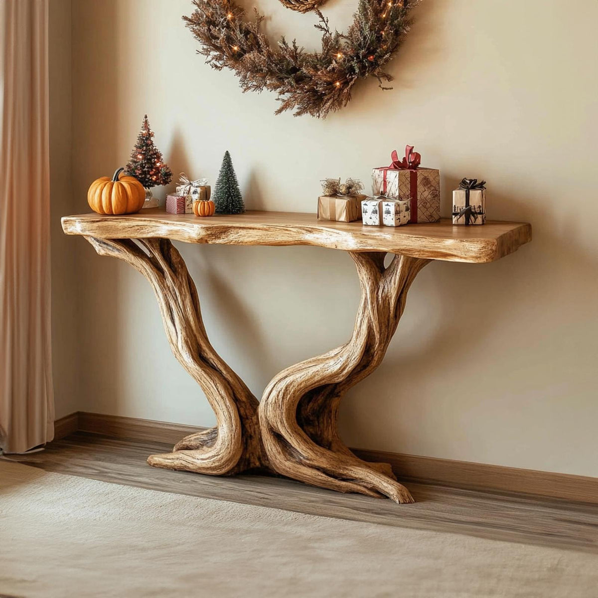 Mid Century Modern Entryway Table, Organic Carved Wood Legs, Compact Console Table for Living Room Corner