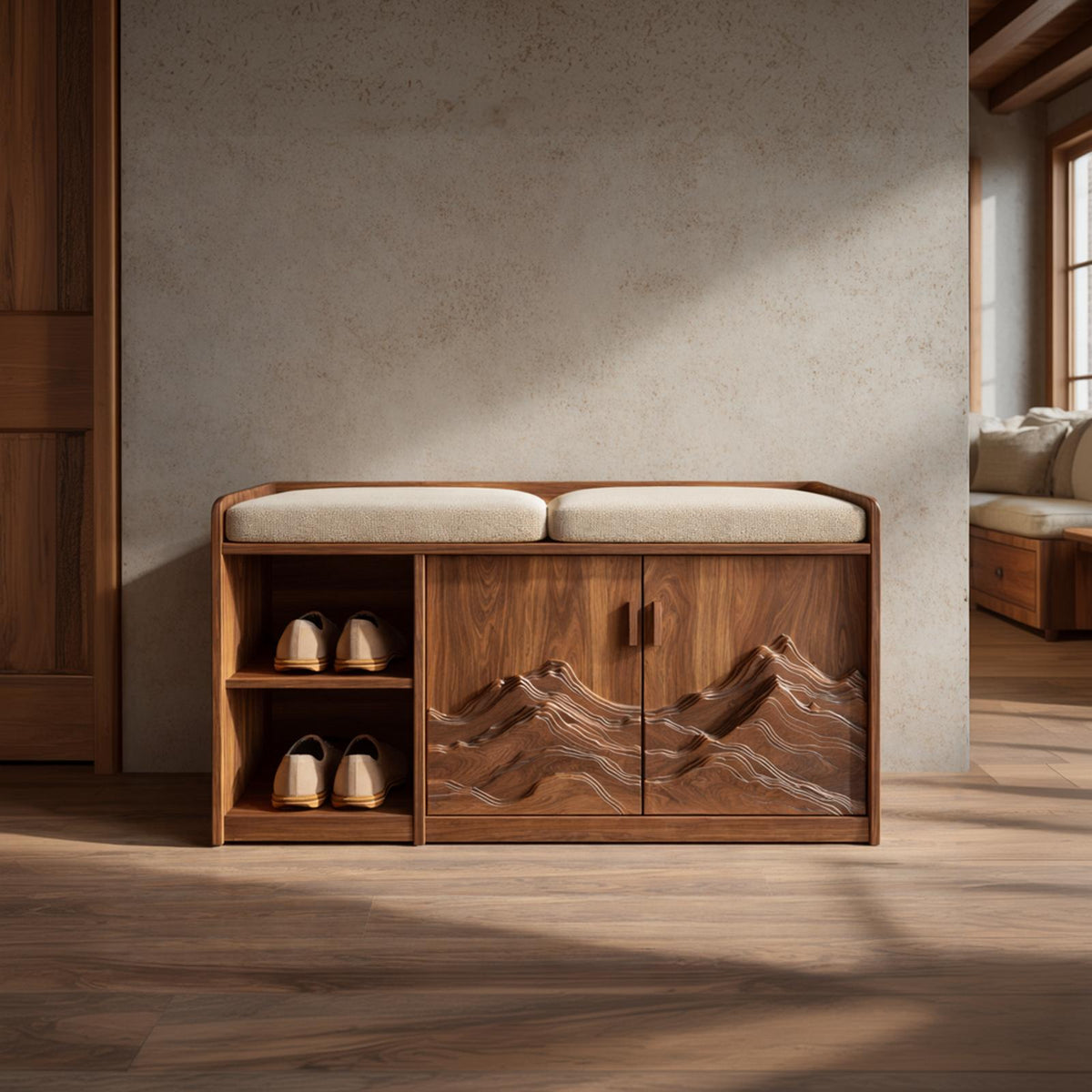Rustic Sculptural Storage Bench For Entryway Or Sleeping Space