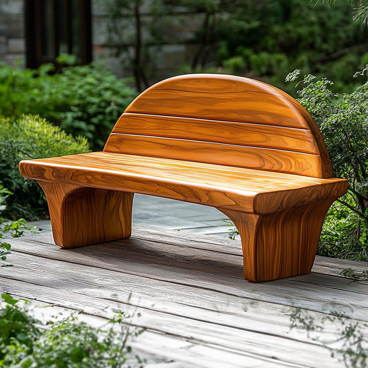 Sculptural Modern Artistic Wood Bench, Outdoor & Indoor Solid Wood Patio Seating, Handcrafted Garden Accent Bench
