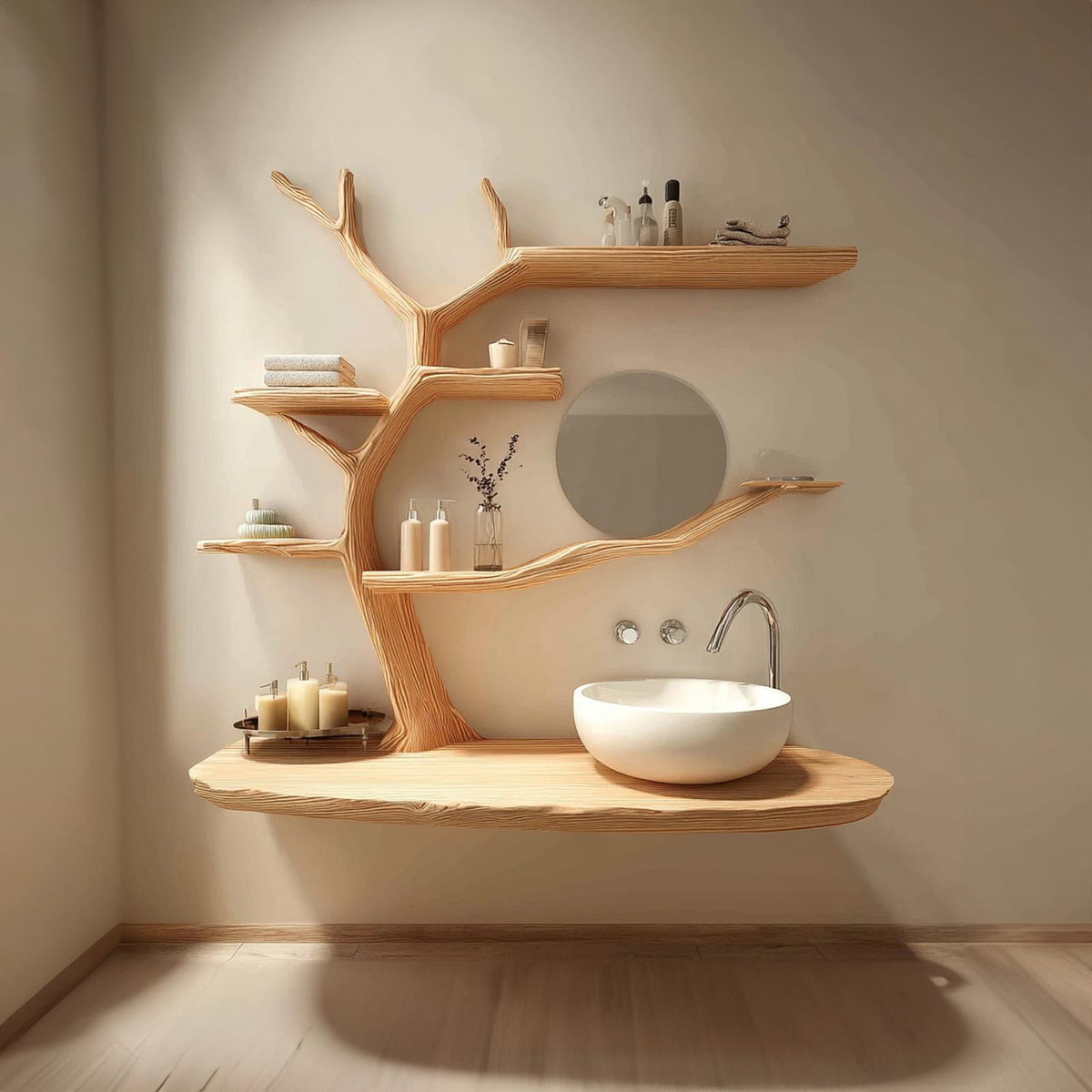 Rustic Organic Tree Trunk Bathroom Vanity, Live Edge Wood Wall Floating Shelf & Sink Console, Model
