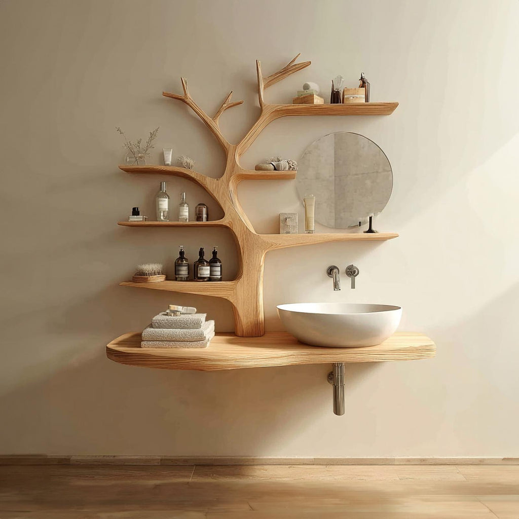 Rustic Nature Inspired Wooden Bathroom Vanity, Live Edge Solid Wood Floating Sink Stand Console, Model