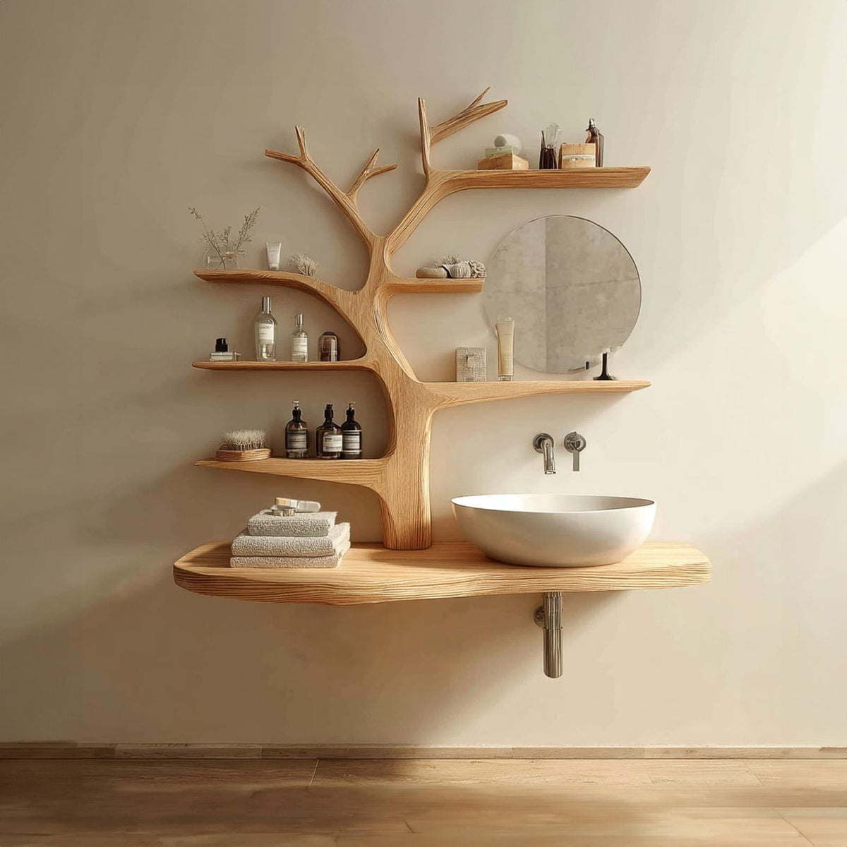 Rustic Nature Inspired Wooden Bathroom Vanity, Live Edge Solid Wood Floating Sink Stand Console, Model