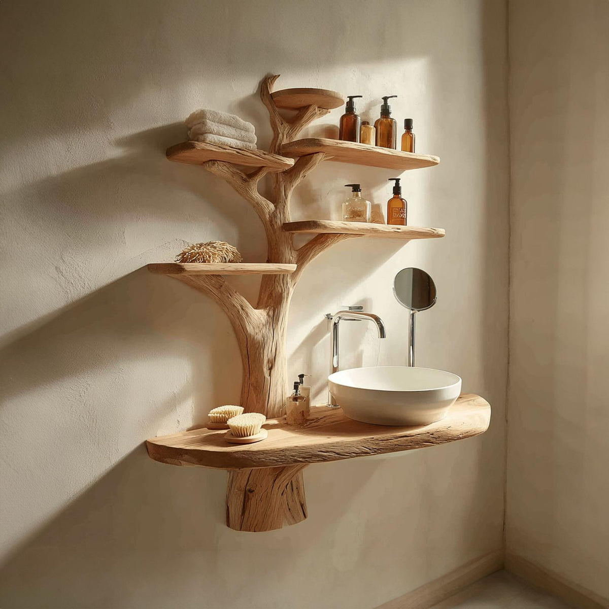 Rustic Tree Branch Shape Bathroom Vanity, Natural Wood Live Edge Pedestal Sink Stand for Home Spa, Model