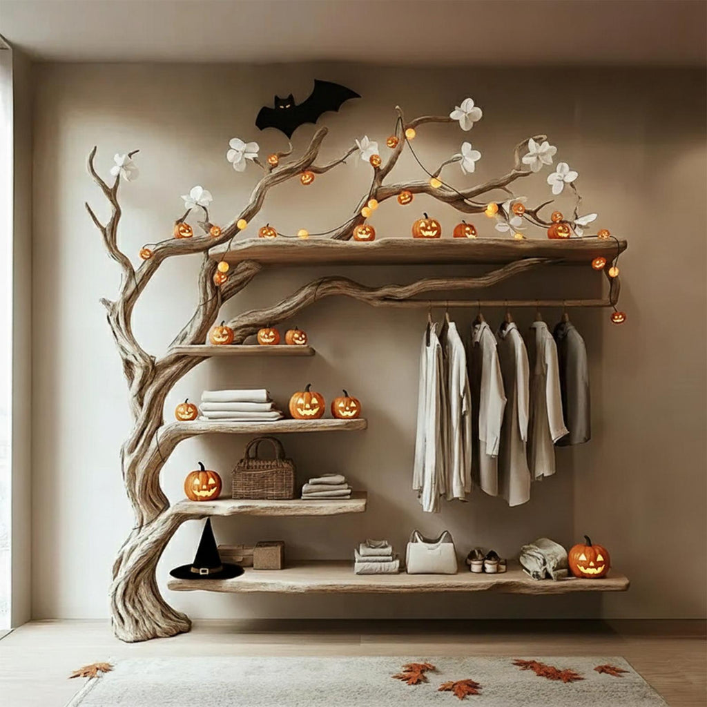 Mid-Century Wooden Tree Clothes Organizer Shelf, Rustic Tree-Shaped Coat & Hat Rack, Spooky Halloween Home Decor