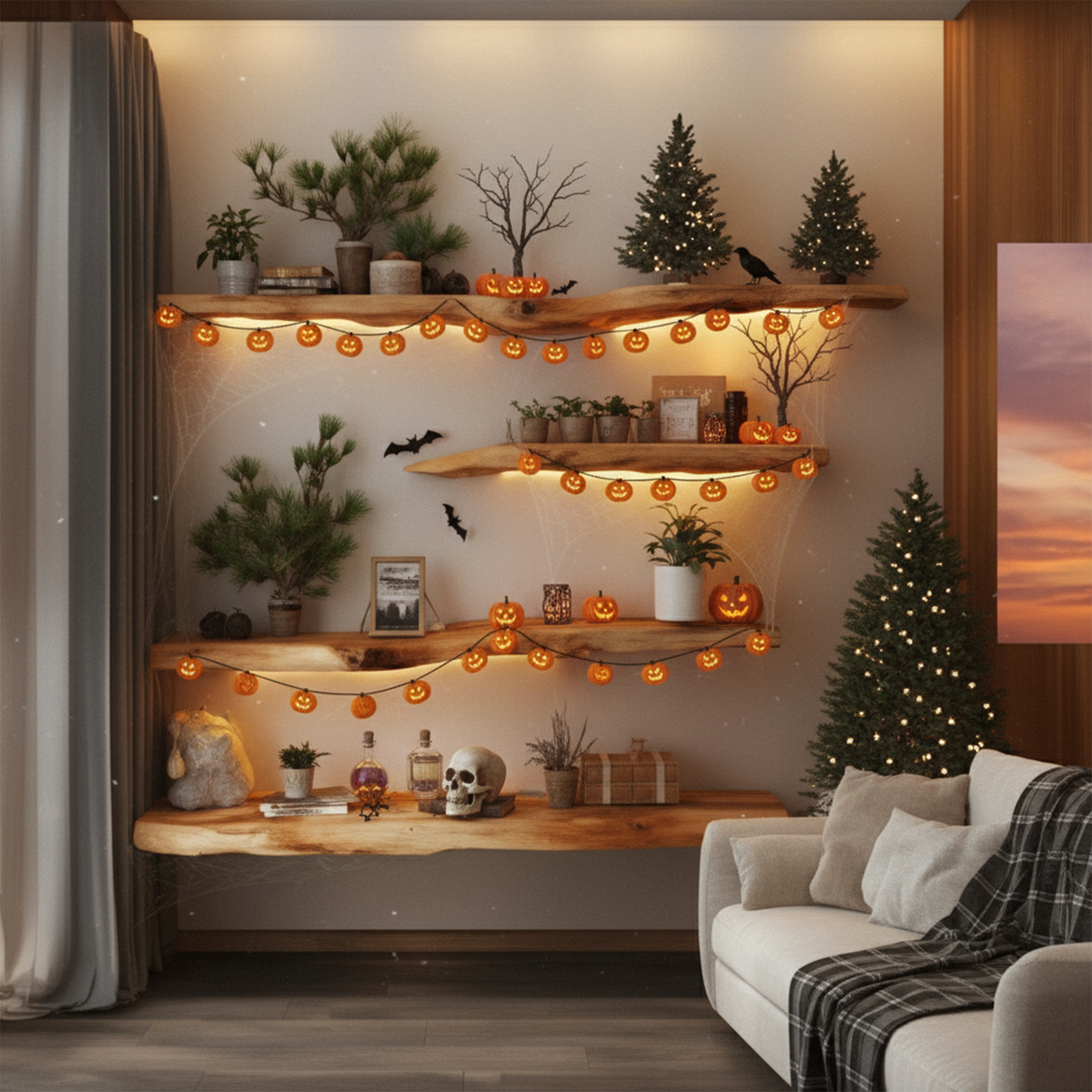 Rustic Floating Wall Shelves, Tree Branch Wooden Hanging Display Shelves, Gothic Spooky Living Room Decor