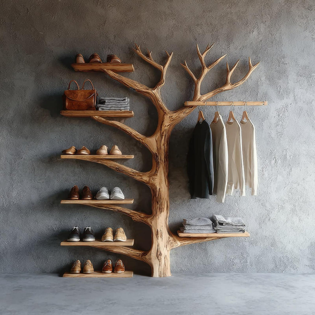 Rustic Wooden Clothing Rack, Heavy Duty Garment Hanging Rack, Standing Closet Storage Organizer for Bedroom
