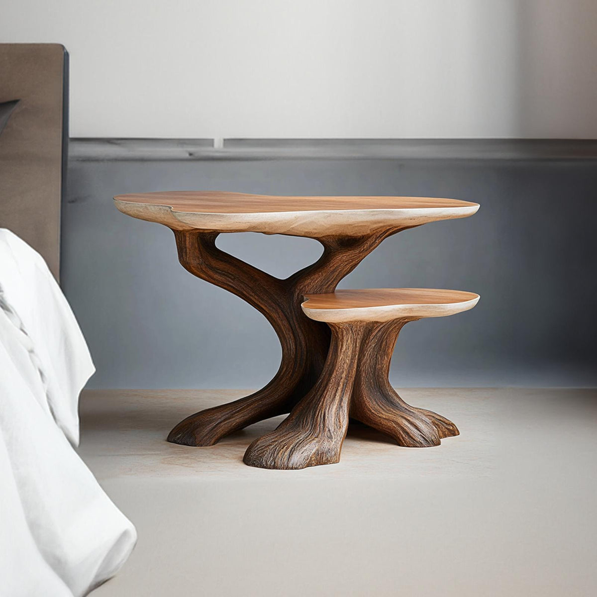 Rustic Tree Shaped Bedside Table, Handcrafted Natural Wood Nightstand & Artistic Accent End Table for Bedroom