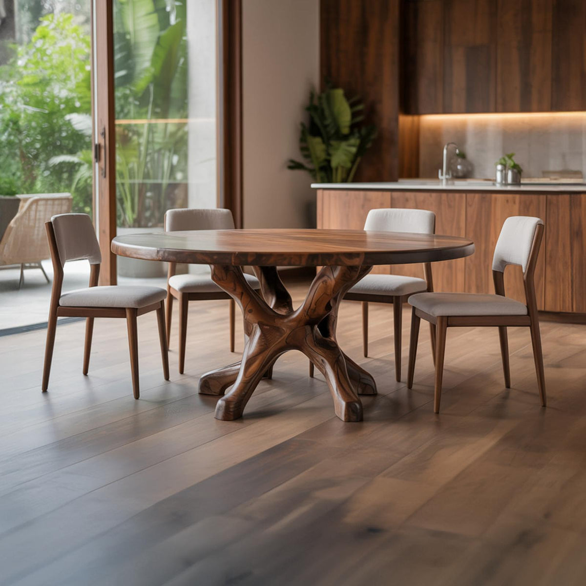Rustic Live Edge Dining Table with Teak Root Base, Handcrafted Solid Wood Kitchen Table for Dining Room