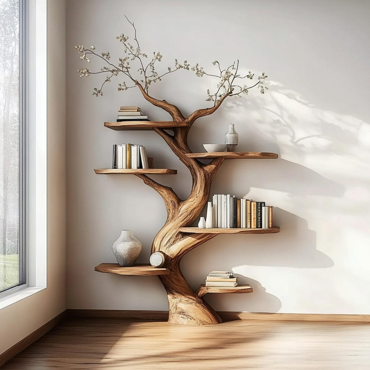 Rustic Artistic Tree Shaped Wooden Bookshelf, Handcrafted Branch Bookcase Organizer for Bedroom, Living Room