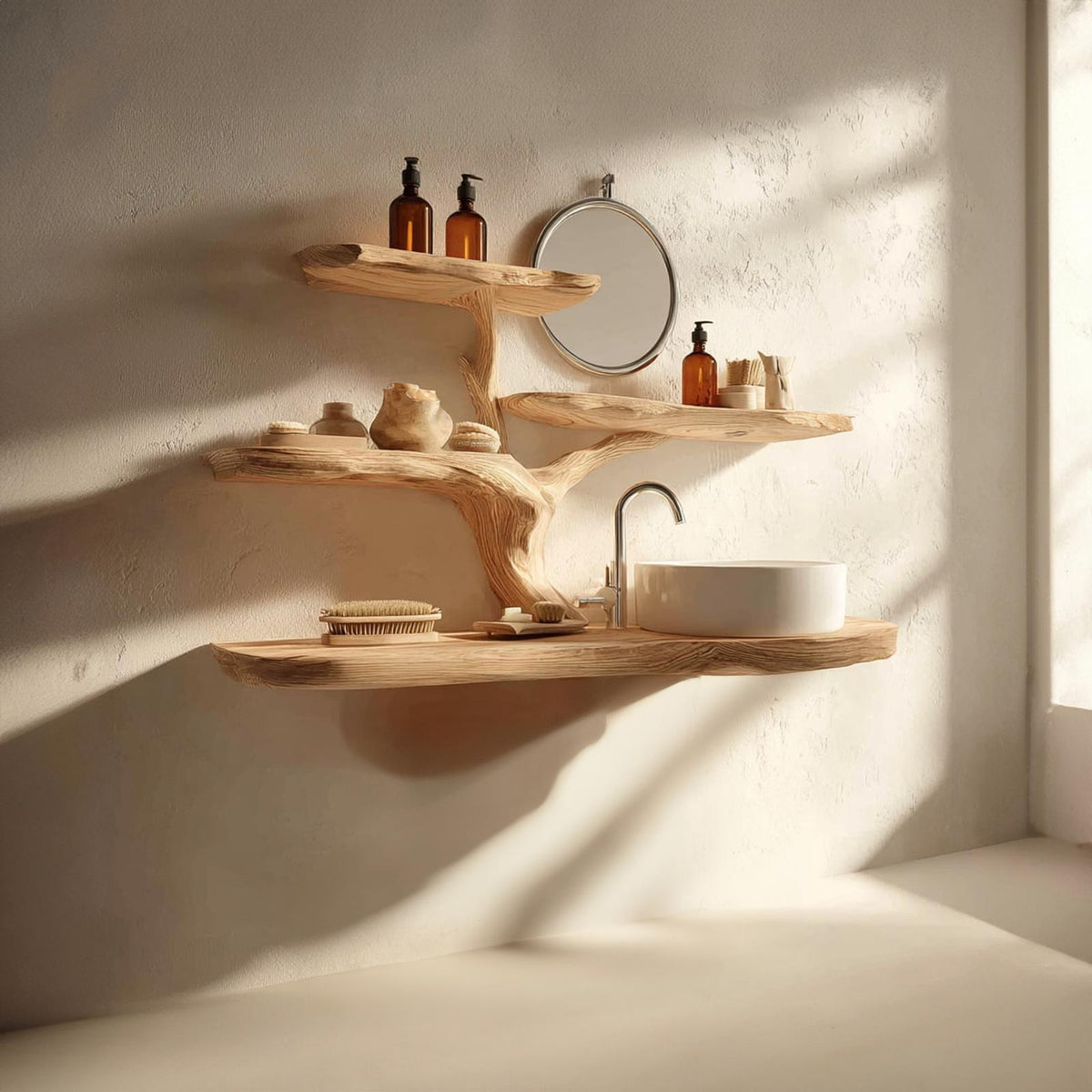 Rustic Natural Tree Wall Mounted Vanity, Live Edge Wooden Bathroom Floating Sink Console, Model