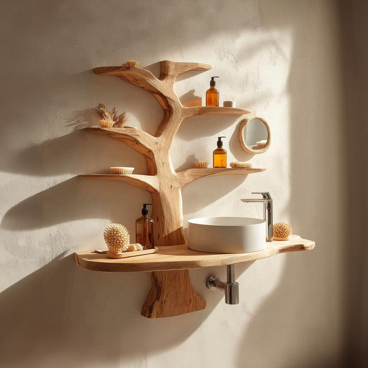Teezano Rustic Wall Mounted Tree Branch Shelf, Live Edge Natural Wood Floating Storage Rack for Bathroom, Model SINLKITBB013