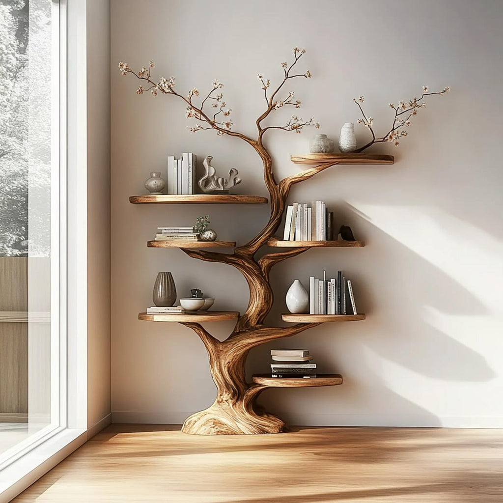 Rustic Tree Display Shelf, Handcrafted Wood Branch Bookshelf & Artistic Wall Storage Unit for Living Room, Bedroom