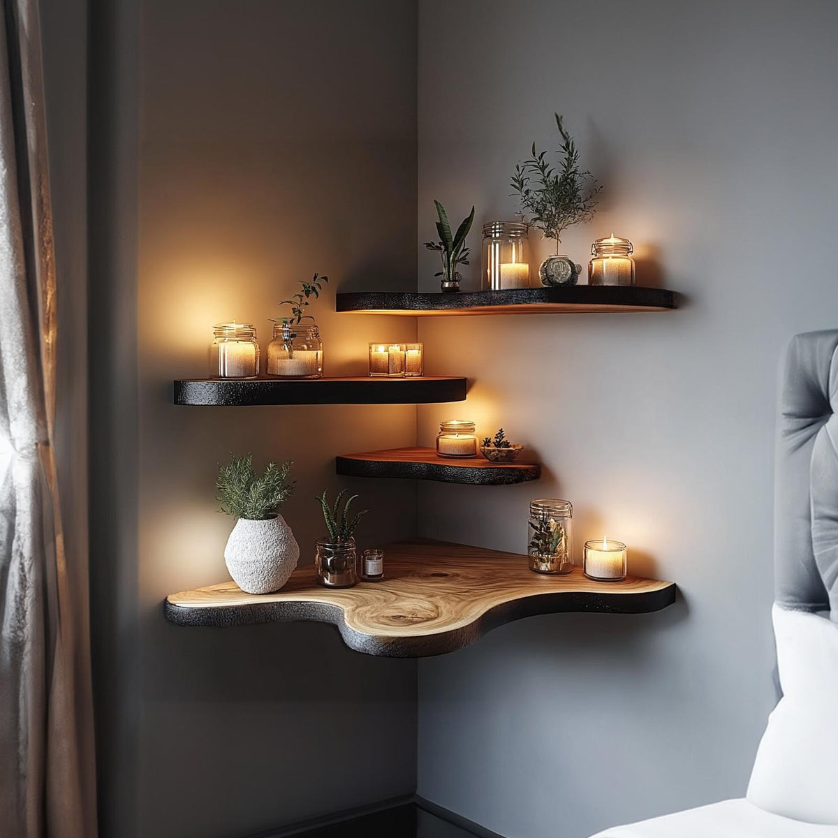 Rustic Live Edge Floating Corner Shelf Handmade For Cozy Home Decor