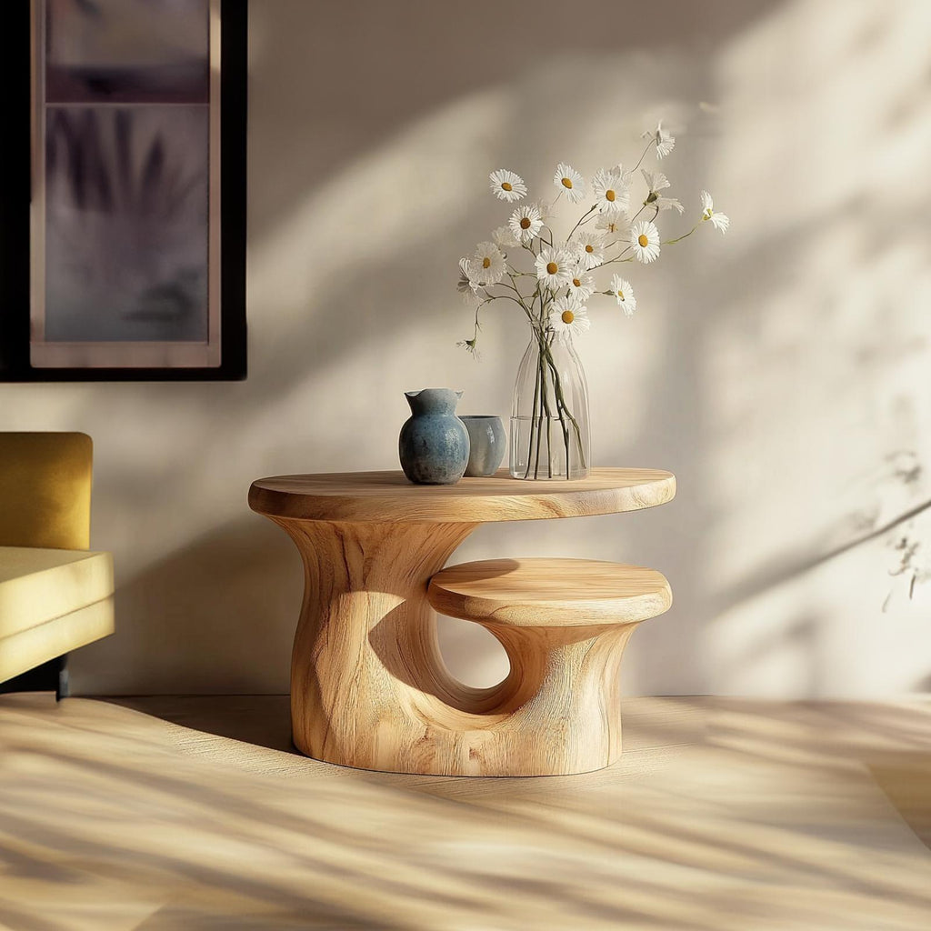 Organic Modern Sculptural Side Table, Solid Wood Pedestal Accent End Table for Living Room, Handmade Bedroom Nightstand