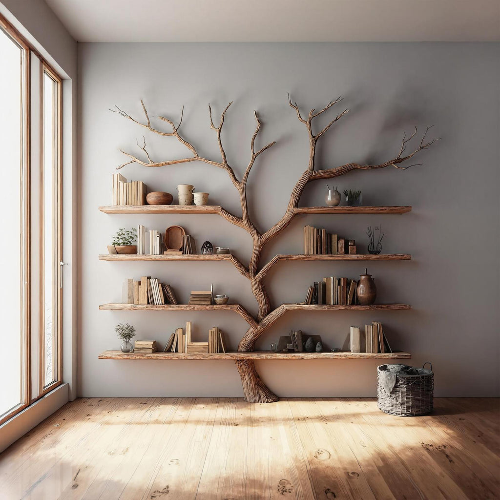 Rustic Tree Bookshelf, Handcrafted Solid Wood Wall Mounted Bookcase & Large Floating Display Shelf for Living Room Decor