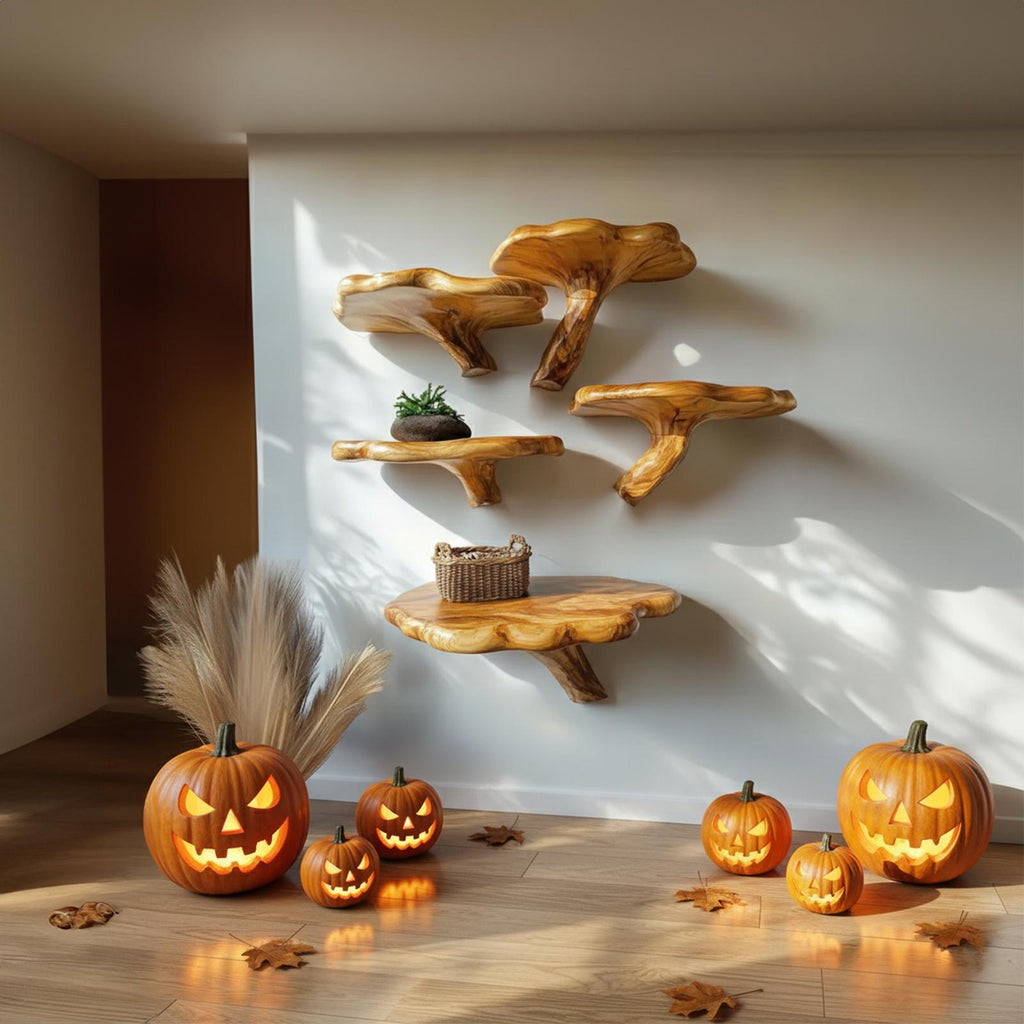 Mid-Century Modern Halloween Floating Shelf, Rustic Wooden Tree Branch Wall Shelf, Spooky Gothic Home Decoration