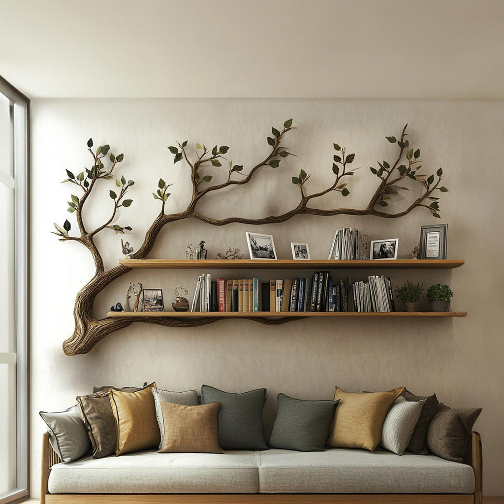 Rustic Tree Branch Wall Shelf, Handcrafted Solid Wood Decorative Book Display Rack for Living Room