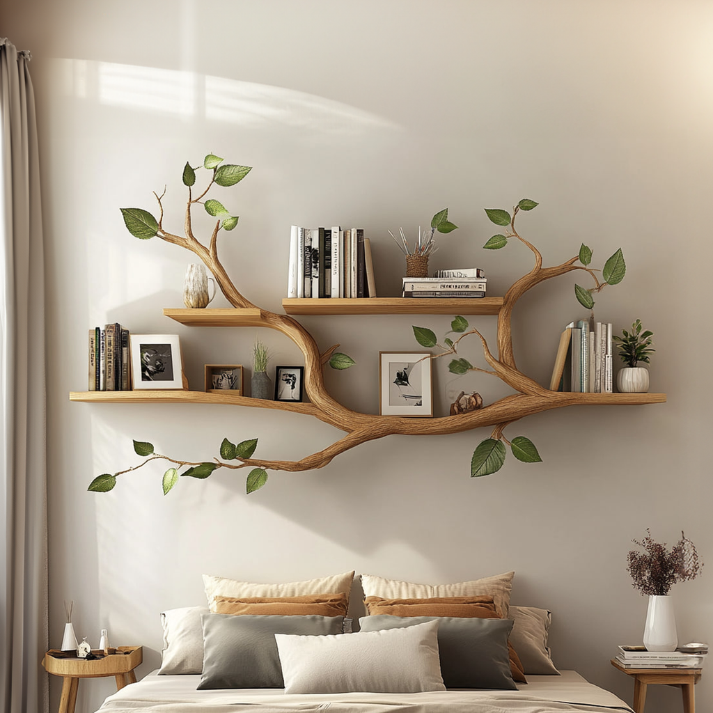 Minimalist Tree Branch Floating Wall Shelf, Handcrafted Solid Wood Artistic Book Display Rack