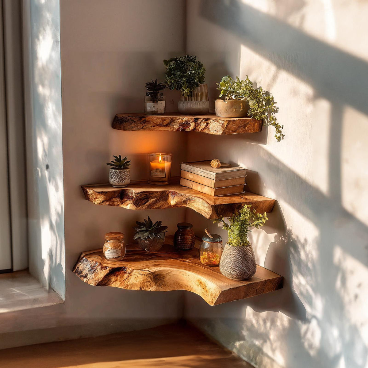 Rustic Live Edge Corner Floating Shelf Handmade for Living Room