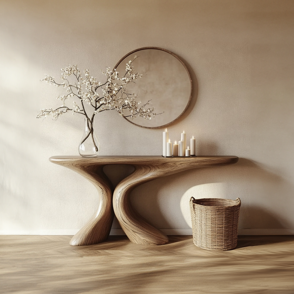 Rustic Entryway Table, Smooth Sculptural Solid Wood Form, Luxury Foyer Welcome Console Table