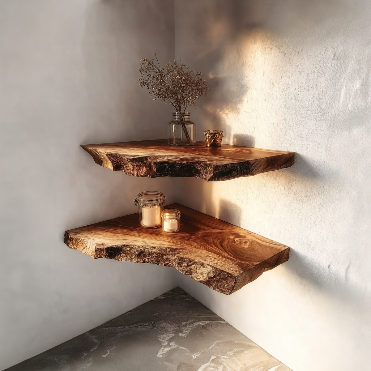 Rustic Floating Corner Shelf, Handcrafted Solid Wood Wall Hanging Storage Display for Living Room & Bedroom