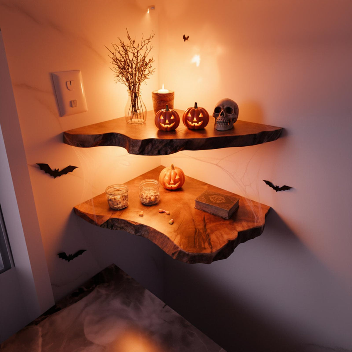 Rustic Farmhouse Floating Wall Shelf, Wooden Tree Branch Hanging Shelf, Spooky Halloween & Gothic Home Decor